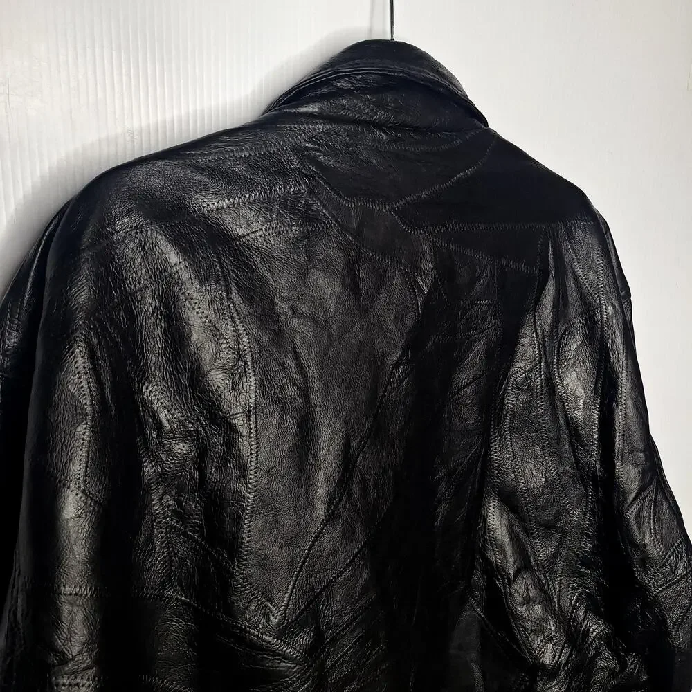 Vintage 90s Men's Leather Bomber Jacket Napoline Outfitters 2X Patchwork Black